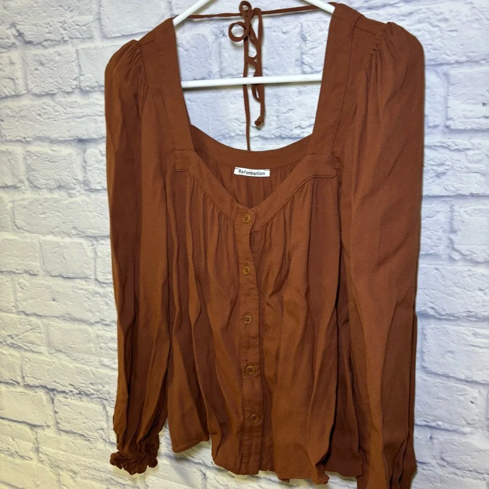 Reformation Shirt Womens Small Rust Peasant Puff Sleeve Off Shoulder Crop Boho